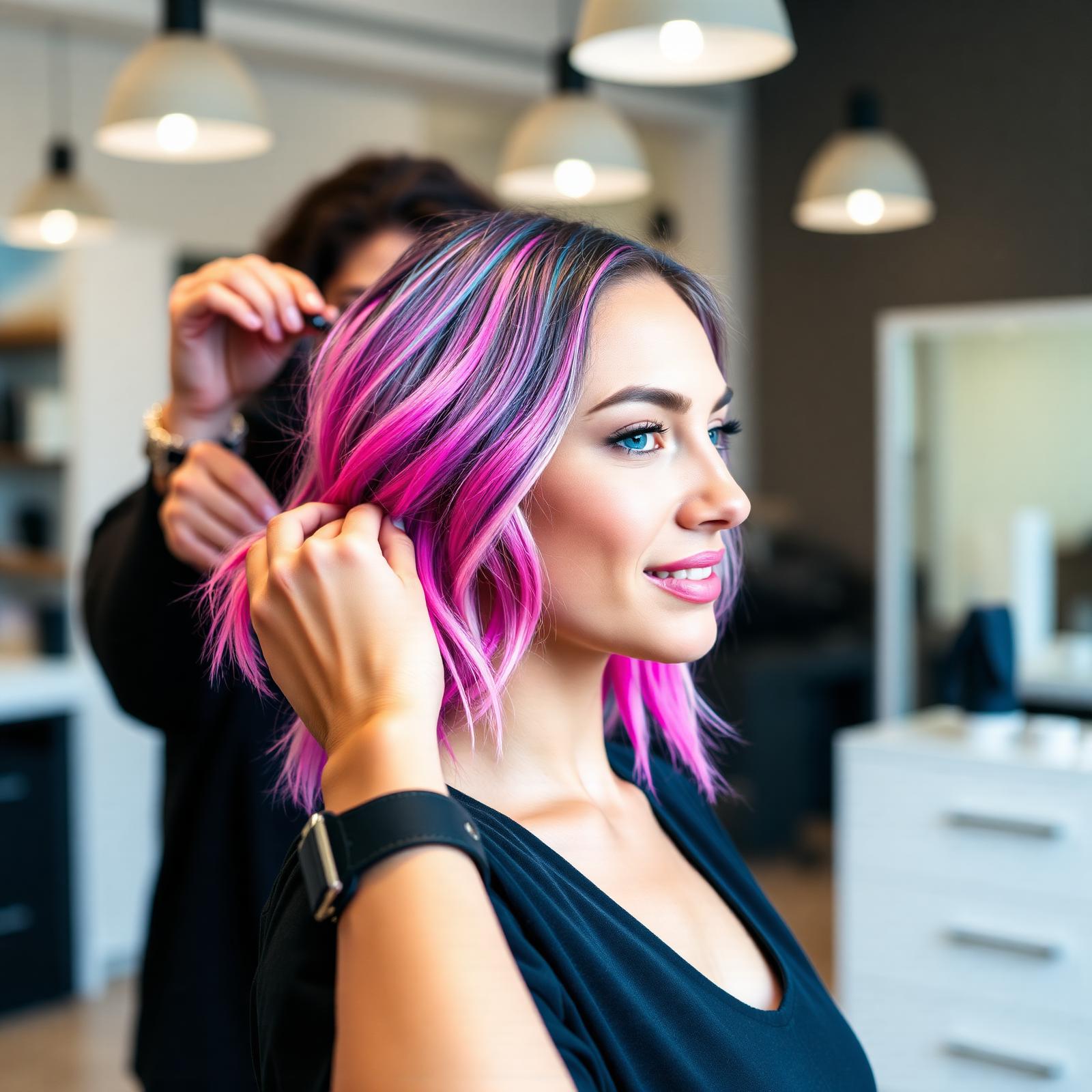 Stylist creating vibrant fashion color in salon